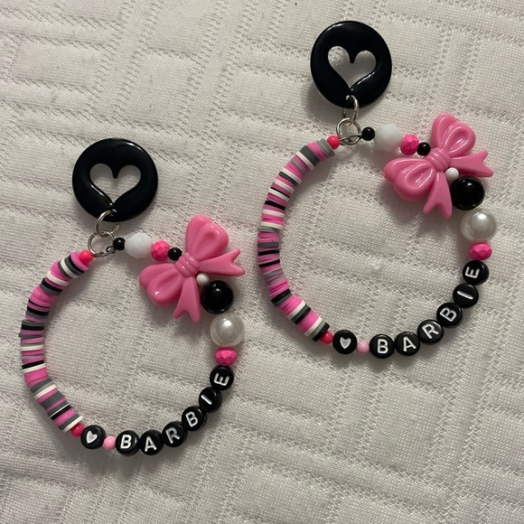 Barbie pink black heart Ken love  hoop rose black pink glam earrings school babe - Picture 2 of 3